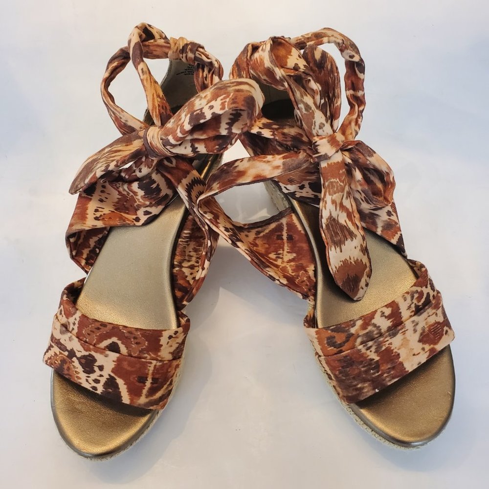 Impo Gleam ankle wrap wedges fabric brown 6.5